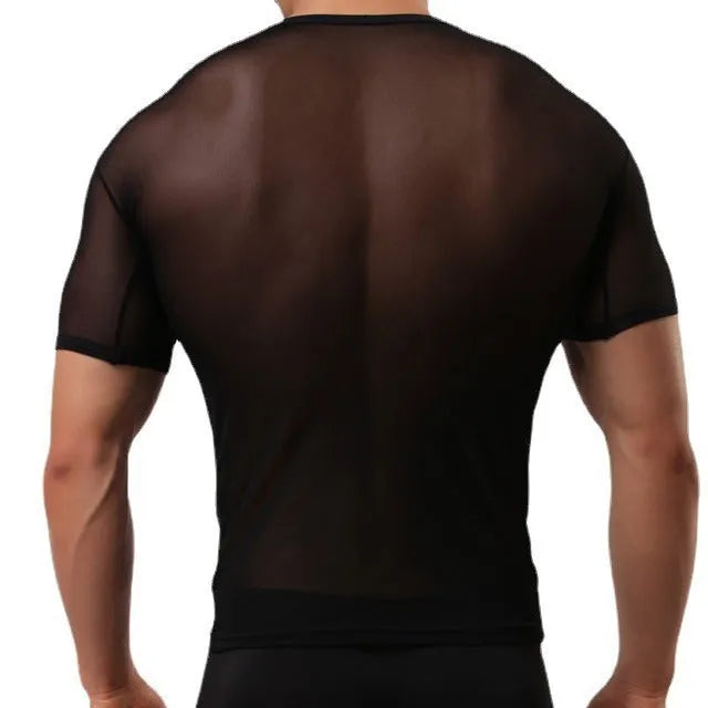 Men's slim fit mesh t-shirt in solid colour on a hanger, showing short sleeves and pullover style.