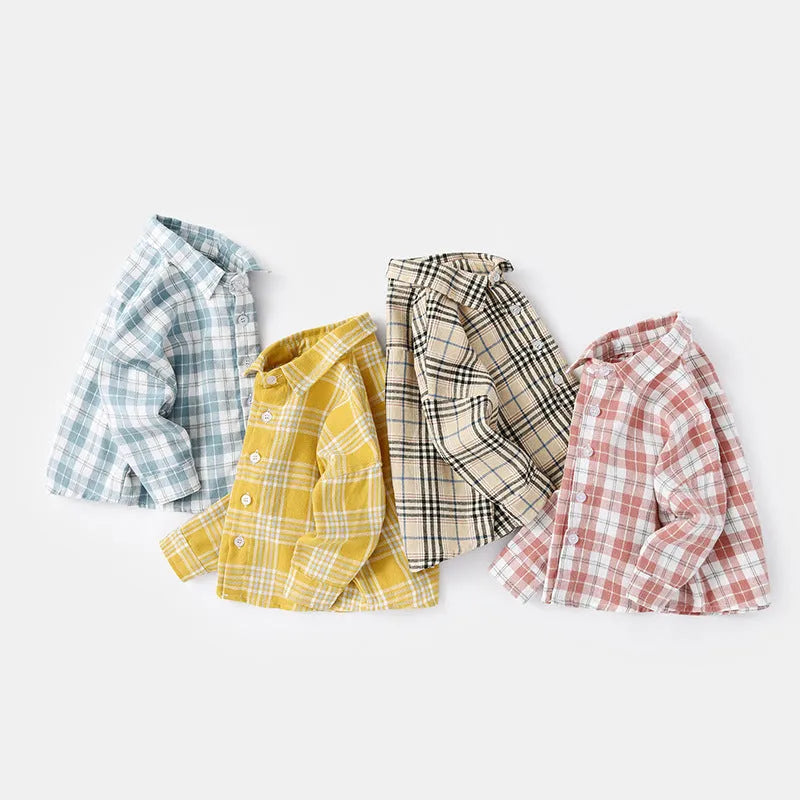 Boys' long sleeve cotton lattice shirt in khaki, featuring animal and cartoon prints, suitable for spring and autumn.