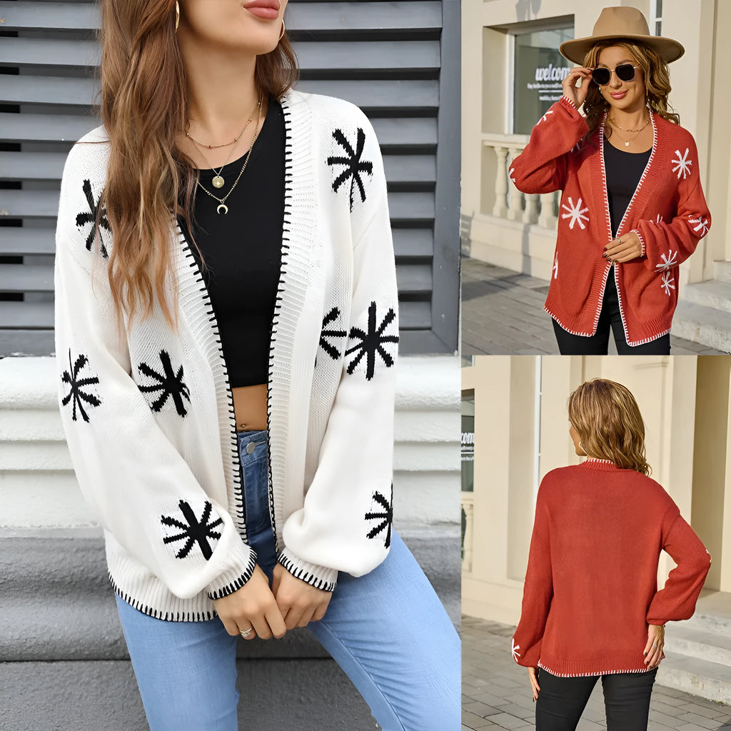 Jacquard knitted coat with flower pattern in beige and orange colours for women in plus sizes