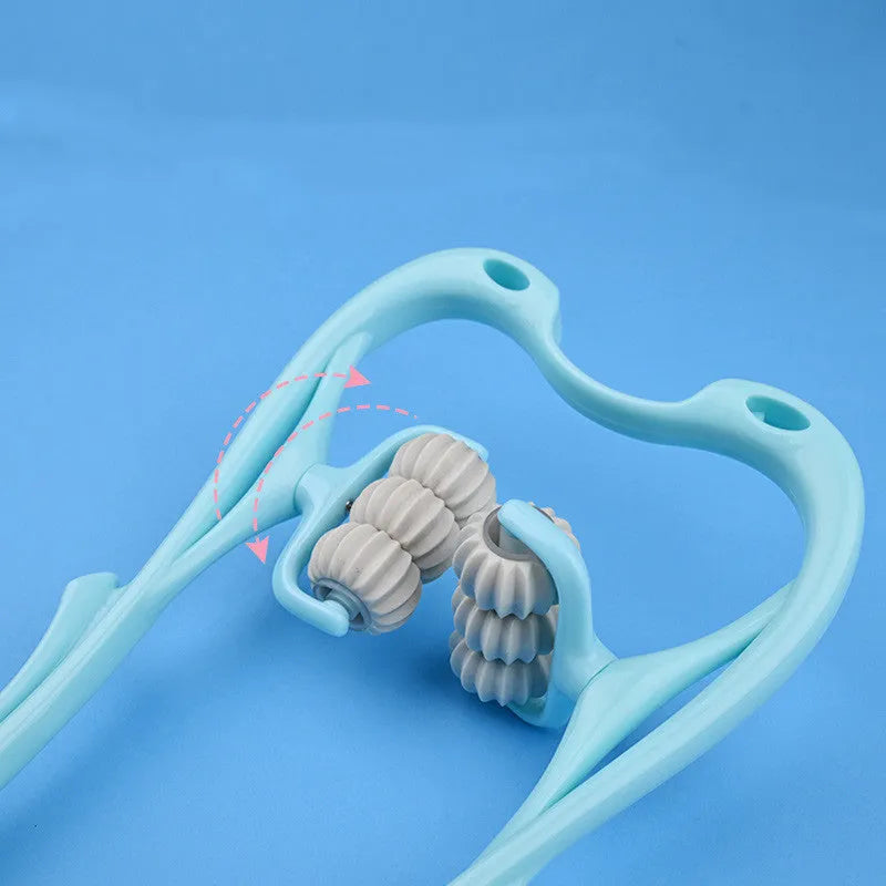 Blue swan-shaped six-wheel neck massager with removable balls and natural jade scraping board on white background