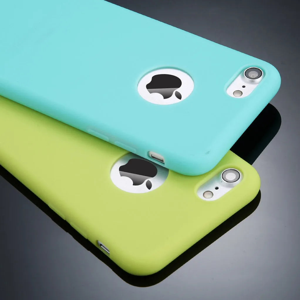 Soft silicone TPU iPhone case in candy colours like pink, blue and green, showing front and back views.