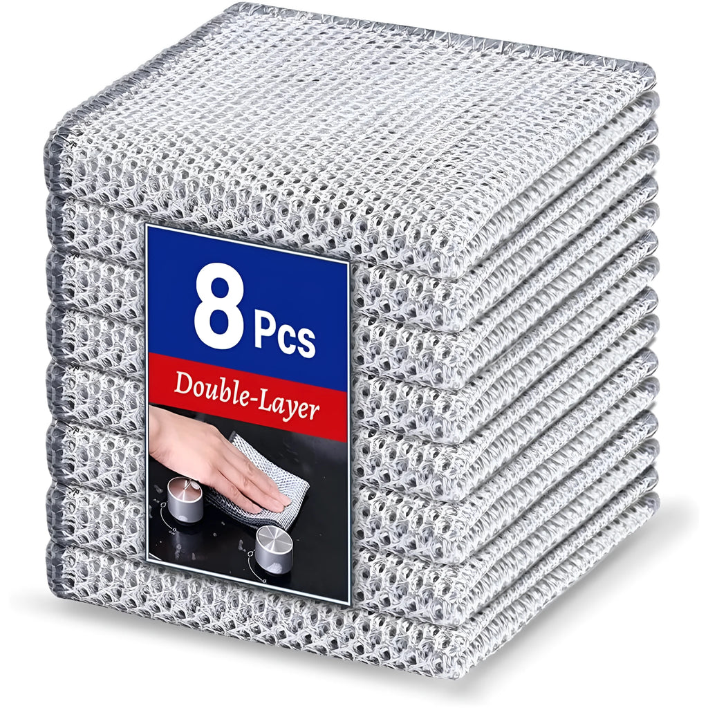 Double-sided household scrub brush with stainless steel wire on one side and silver microfiber cloth on the other.