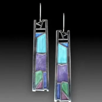 Silver water drop shaped alloy earrings with irregular oil colour electroplated finish
