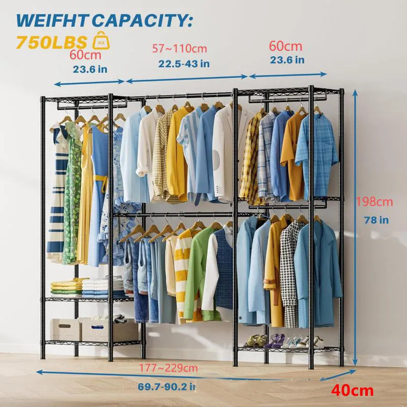 Black metal household storage rack for hangers, trousers and ties measuring 175cm high