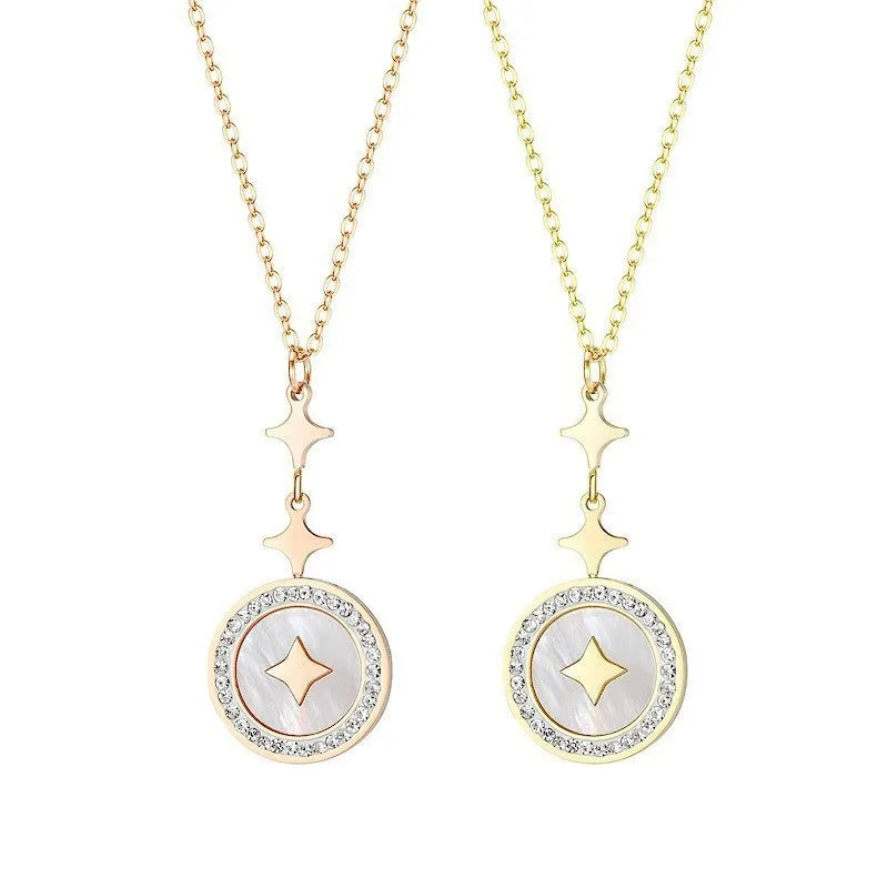 Close-up of a women's geometric six-pointed star titanium steel necklace on a model, showing rose gold and gold colour options.