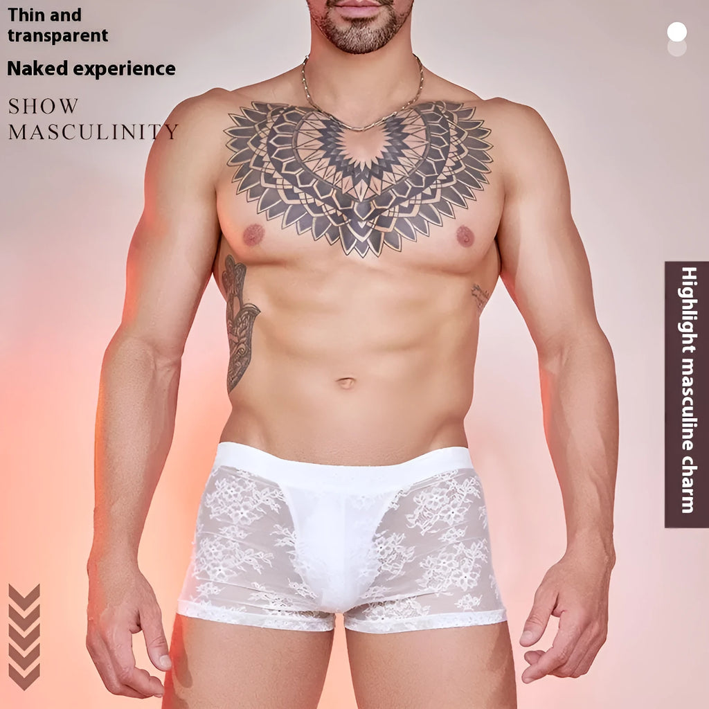 Men's black lace boxer shorts made from nylon fabric, laid flat to show front lace panel design.