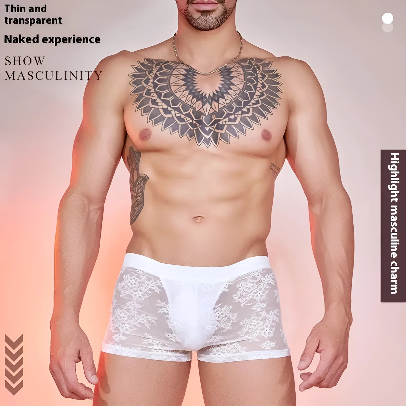 Men's black lace boxer shorts made from nylon fabric, laid flat to show front lace panel design.