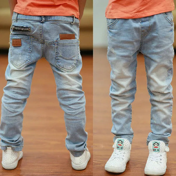 Boys harem pants in denim with stripe pattern and rubber band waist for spring and autumn casual wear