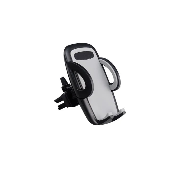 Black plastic universal mobile phone holder mounted on car air vent