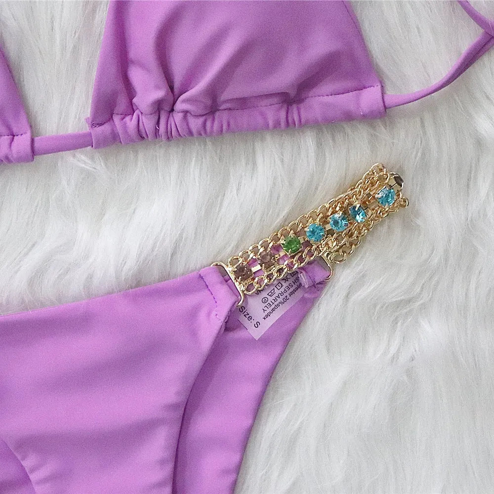 Rhinestone metal accessories pure colour bikini set for women in purple with nylon lining
