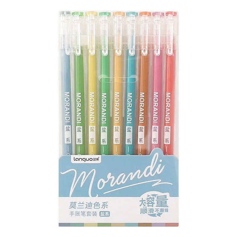 Set of nine colourful retro-style gel pens with 0.5mm needle tips in a plastic case.