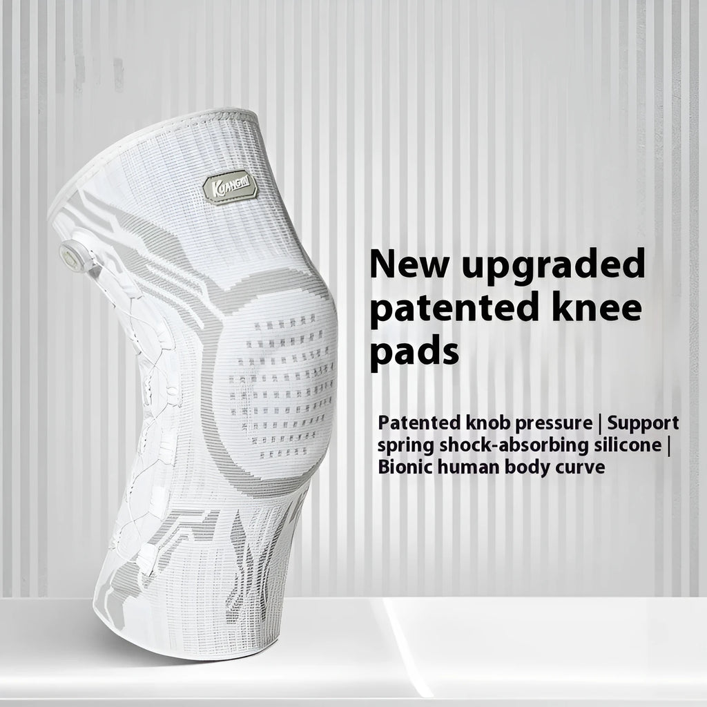 Grey and white adult sports knee pad for left or right foot, sizes M L XL available.
