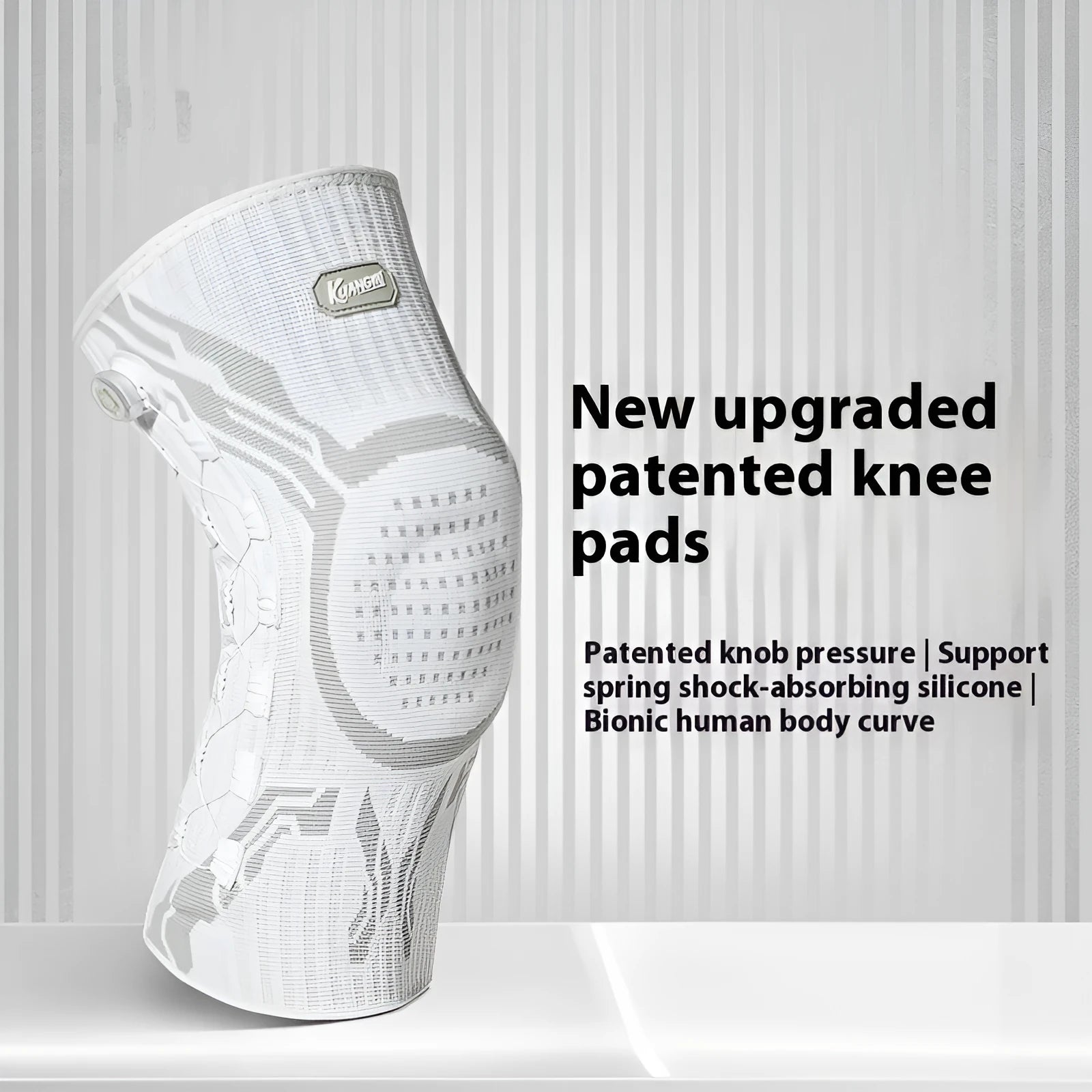 Grey and white adult sports knee pad for left or right foot, sizes M L XL available.
