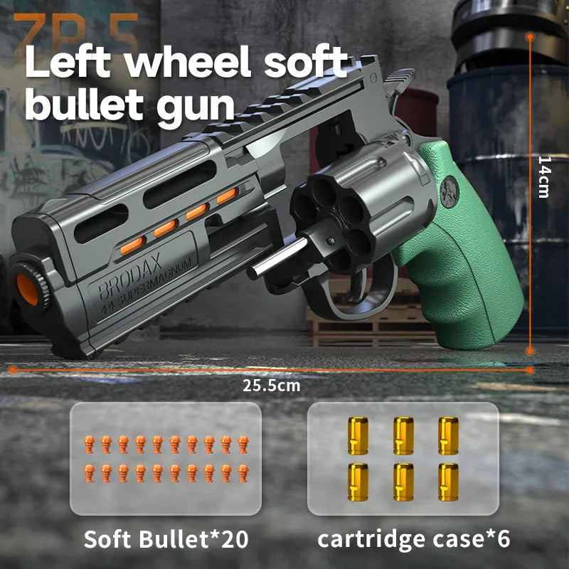 Revolver plastic soft bullet gun in army green colour box with continuous left wheel and 20 soft bullets