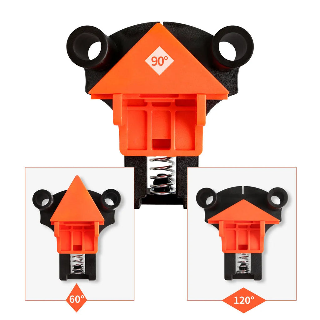 Set of four white plastic 90-degree right-angle clamps for picture frames on a workbench.