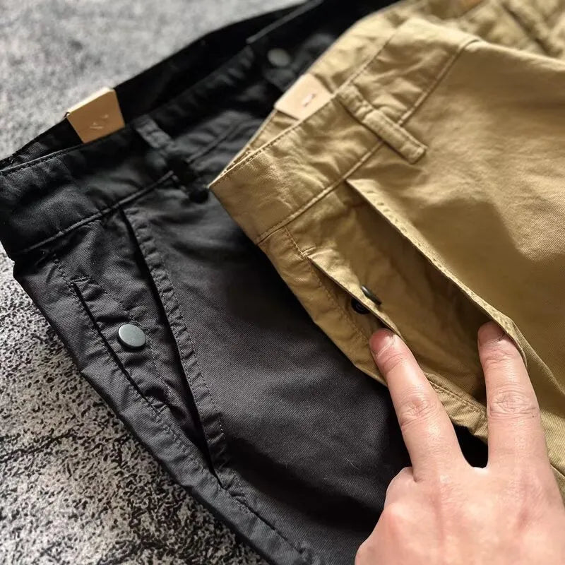 Men's casual loose straight cotton track pants in black, dark gray, and khaki, sizes 28-36