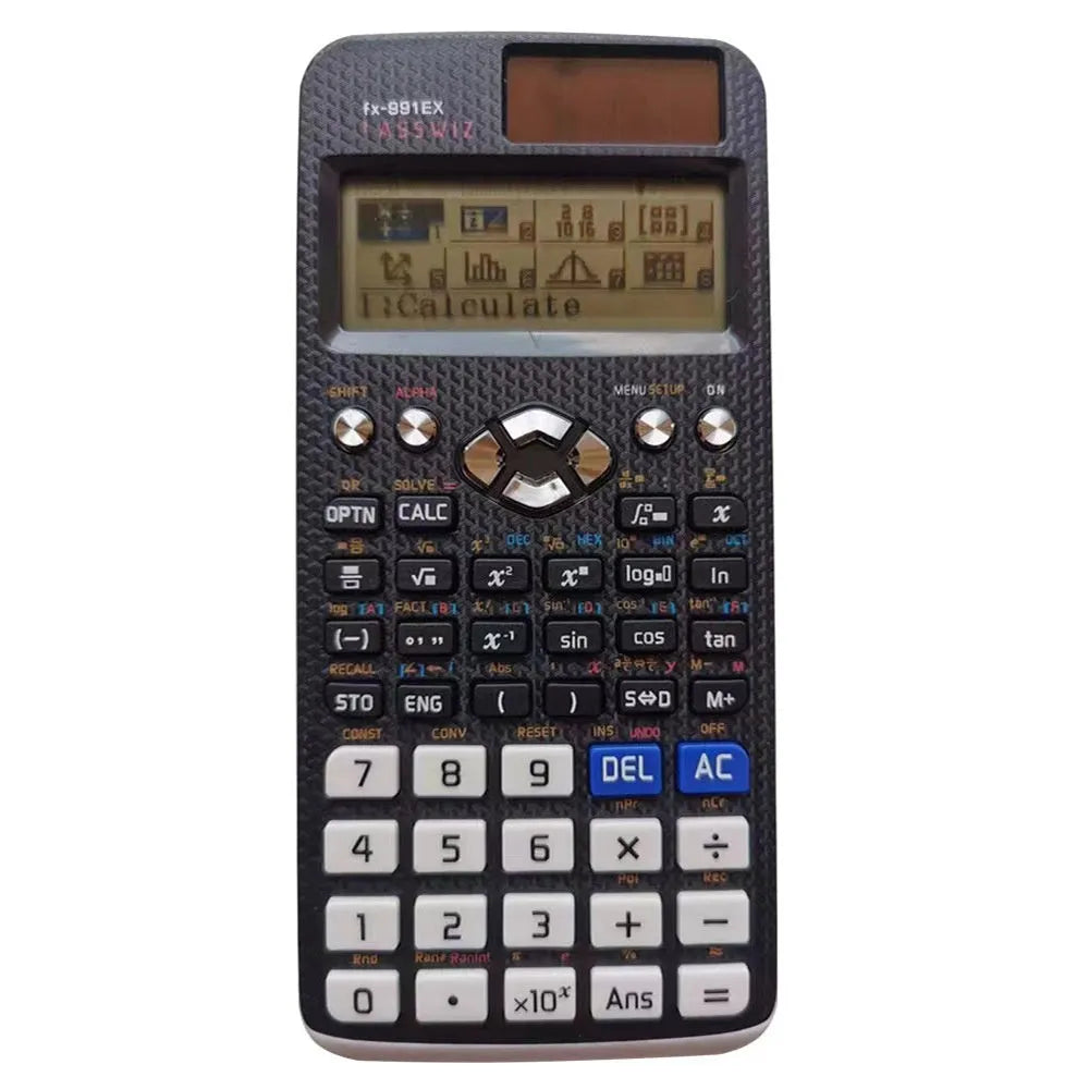 CASIO fx-991EX scientific calculator in black, blue, or pink with solar panel and dot matrix display