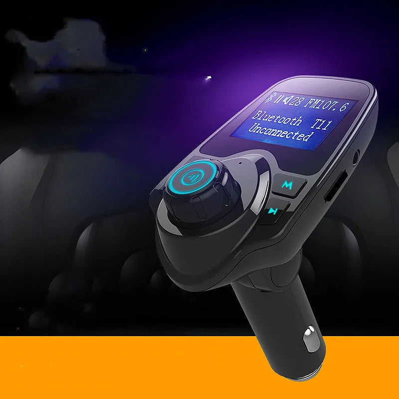 Black car Bluetooth hands-free device with FM transmitter, USB port, and TF card slot
