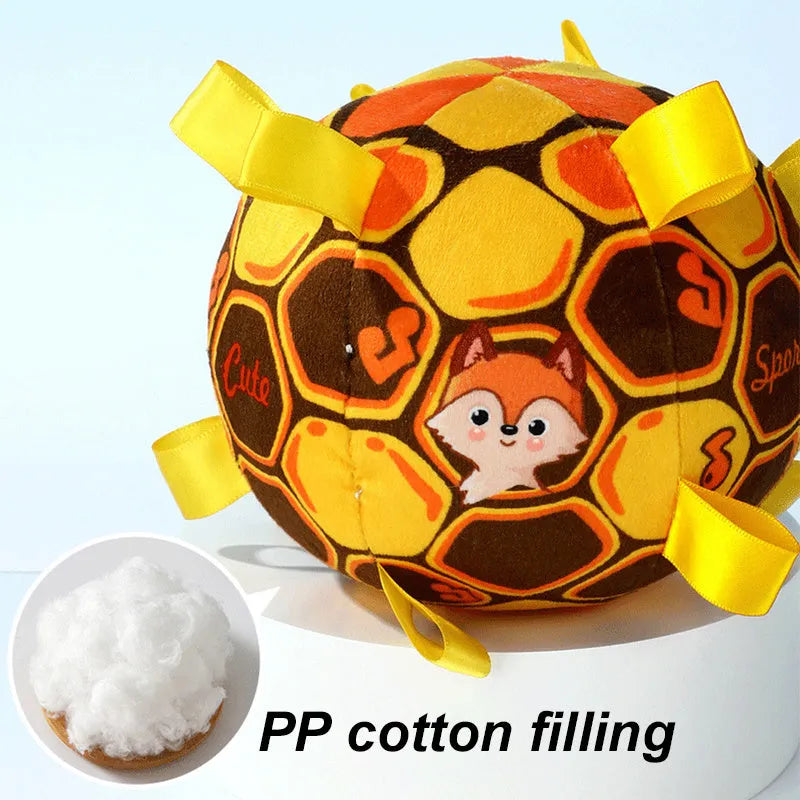 Bite-resistant plush ball dog toy with handle and internal bells for aggressive chewers