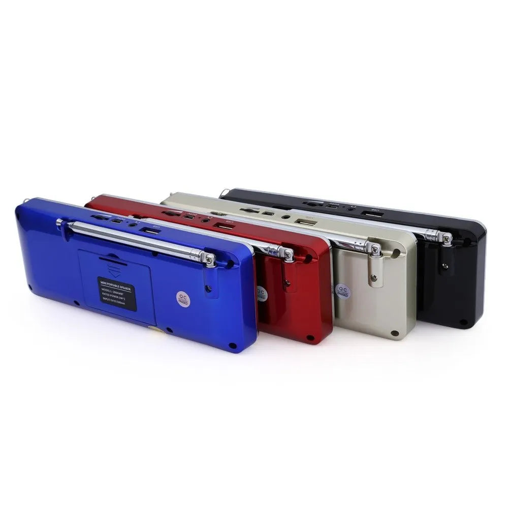 L-288AMBT portable Bluetooth speaker with LCD screen in black, blue, gold, or red colours