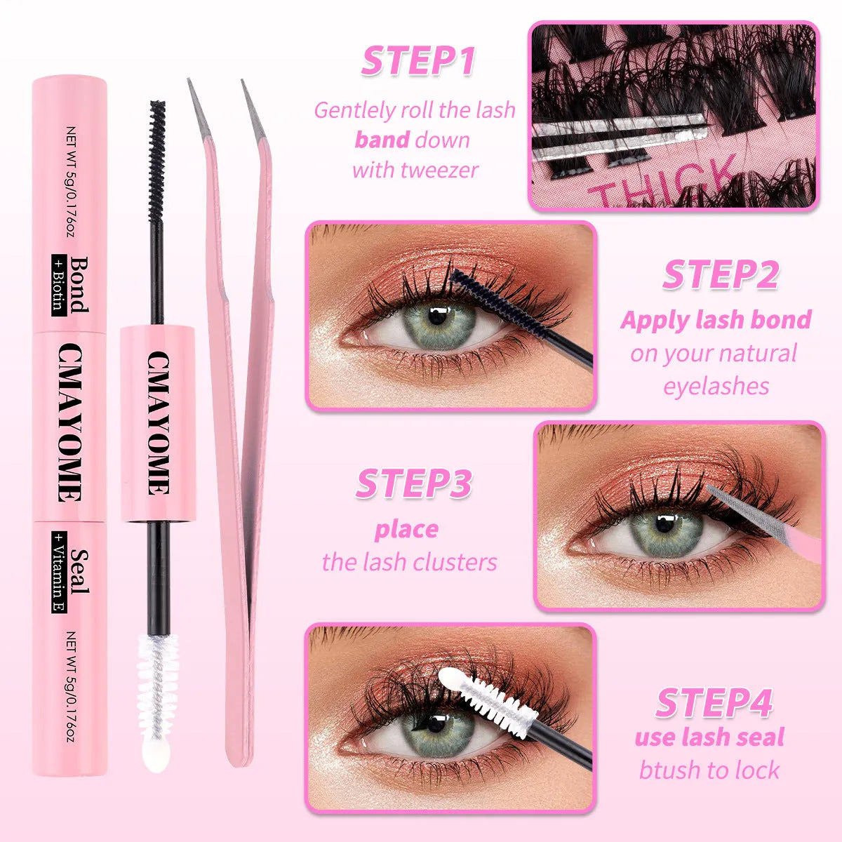 DIY false eyelashes extension suit showing segment single clusters and eyelash tweezers on packaging.
