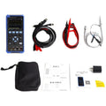 Owon HDS272 handheld digital oscilloscope with probe pen and accessories on workbench