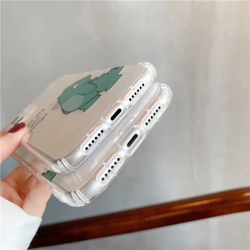Transparent airbag iPhone case with dinosaur design on clear silicone and TPU back cover