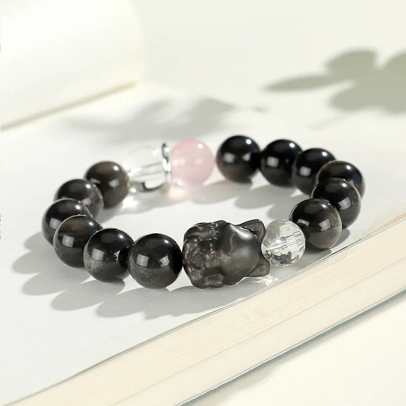 Silver stone fox crystal beaded bracelet with electroplated finish and diamond-shaped beads