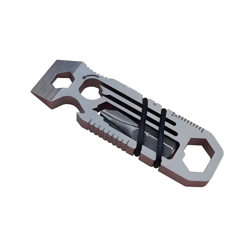 Ratcheting keychain multi-tool with built-in bit storage, 45g compact design.