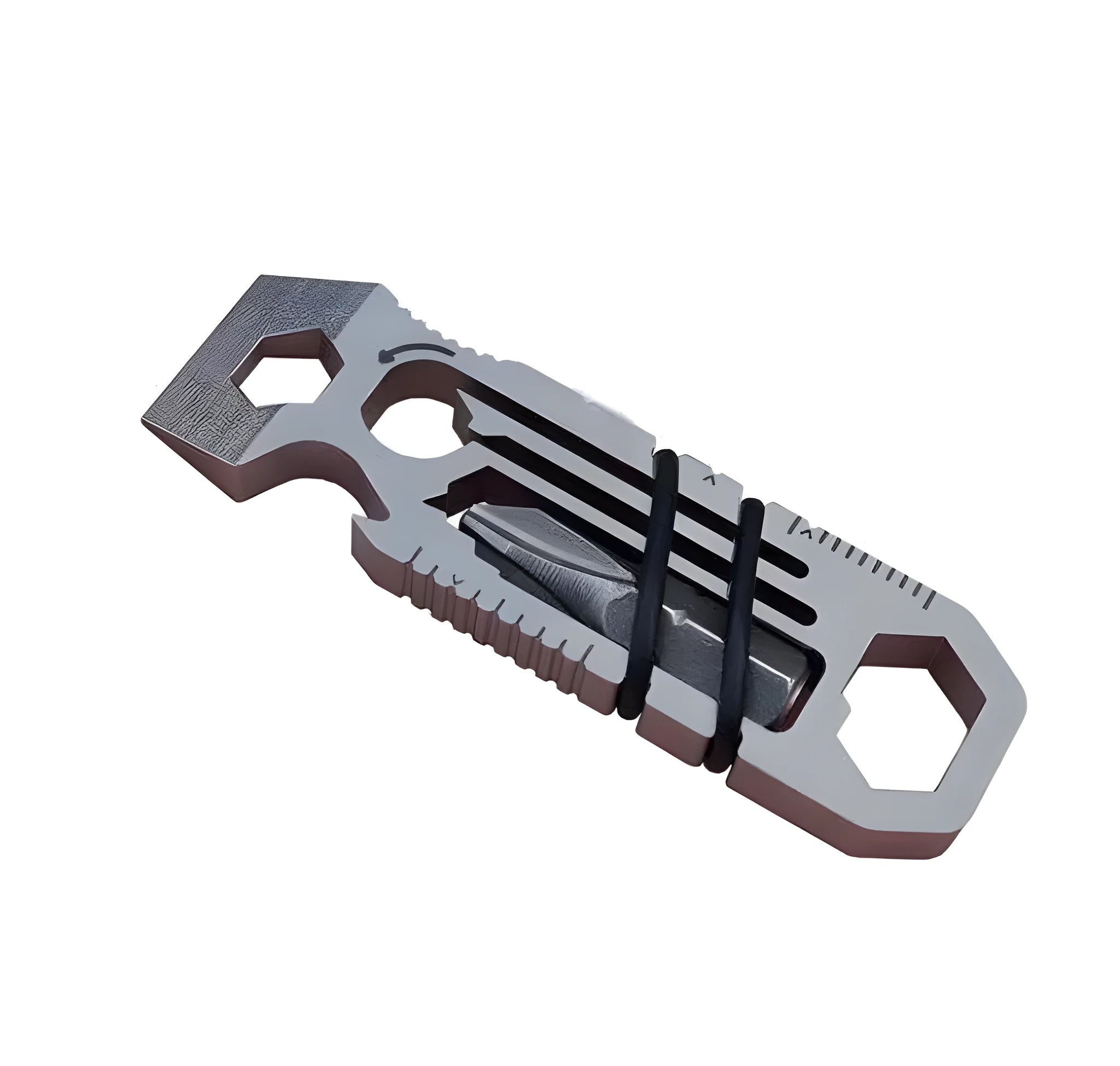 Ratcheting keychain multi-tool with built-in bit storage, 45g compact design.