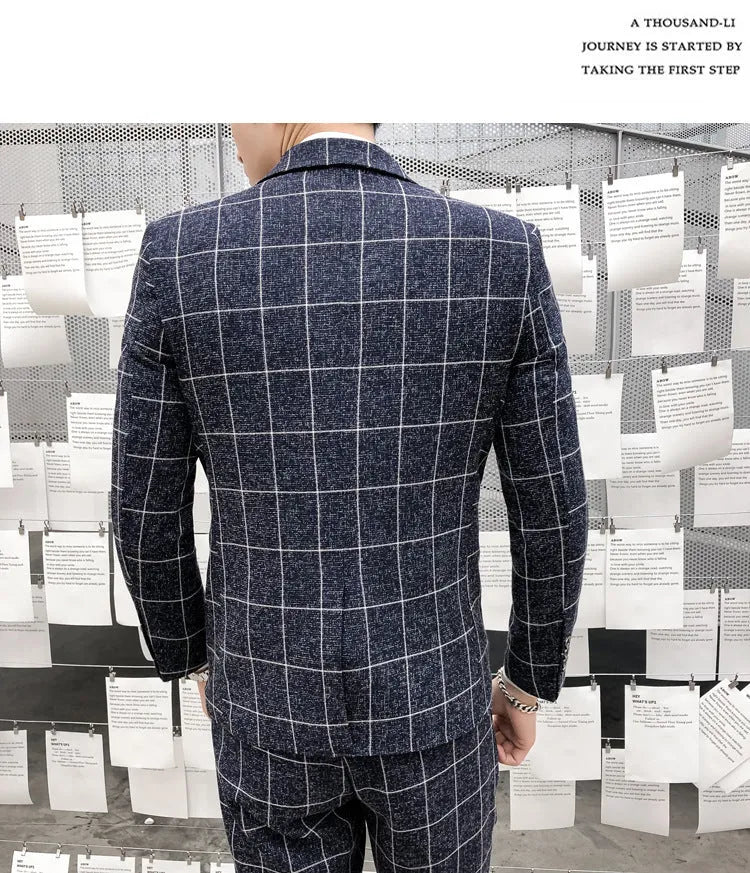 Men's slim fit three-piece suit in viscose blend, available in khaki, black, dark blue, grey, sizes M to XXXXL.