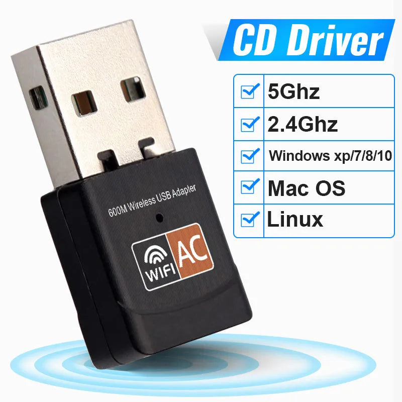 Mini dual band 600Mbps wireless network card USB adapter in black with AC600 support
