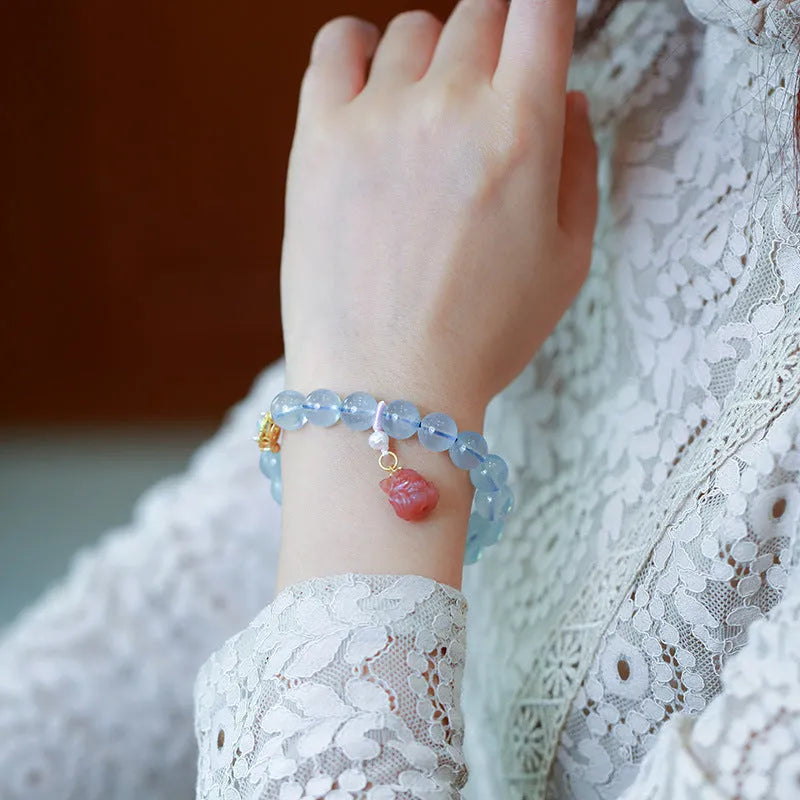 Aquamarine Chinese style Fengjiu DIY bracelet with pearl and pink crystal clip for women.