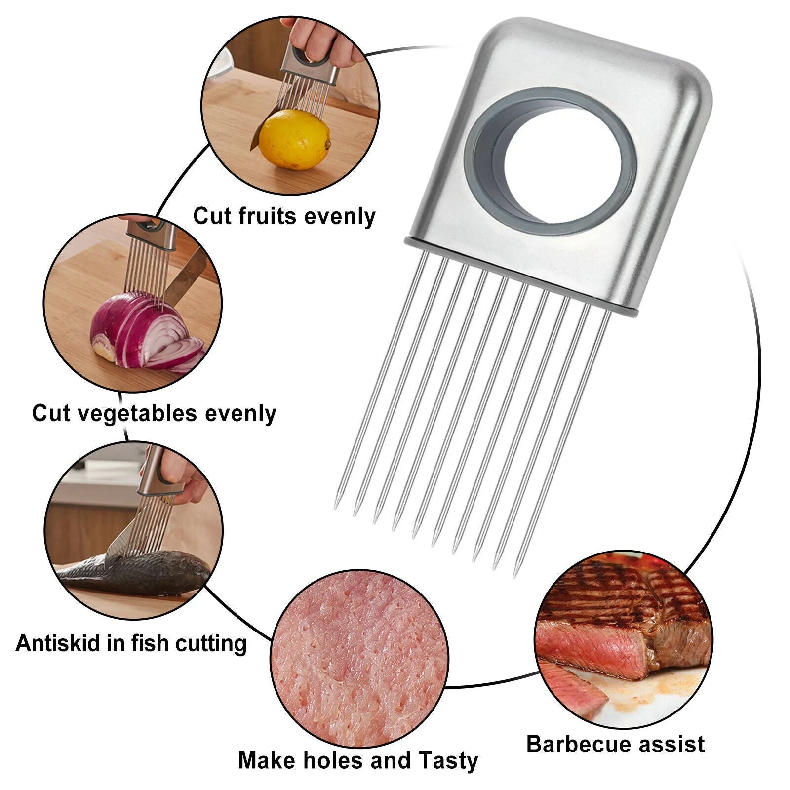 Stainless steel onion holder kitchen tool with prongs for slicing vegetables hands-free