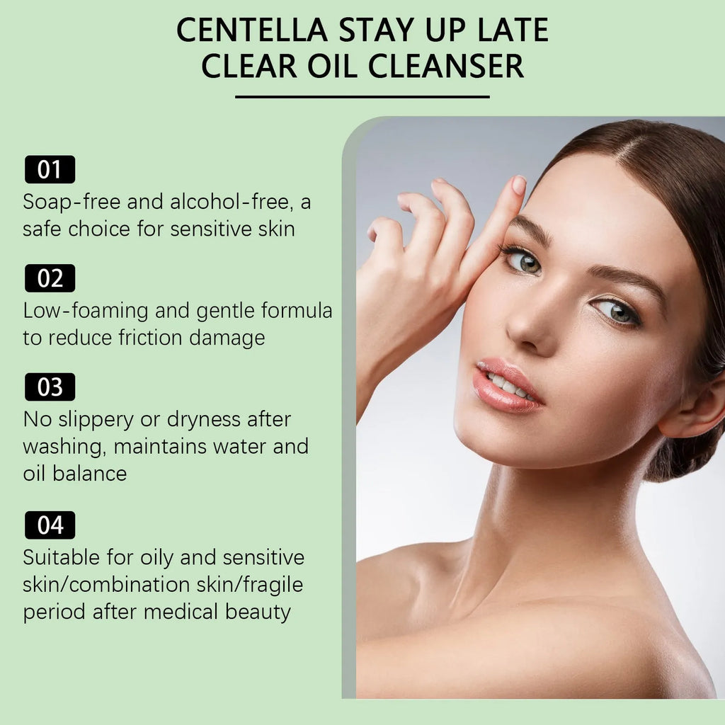 100g bottle of Centella Stay Up Late Clear Oil Cleanser, a transparent facial cleansing oil.