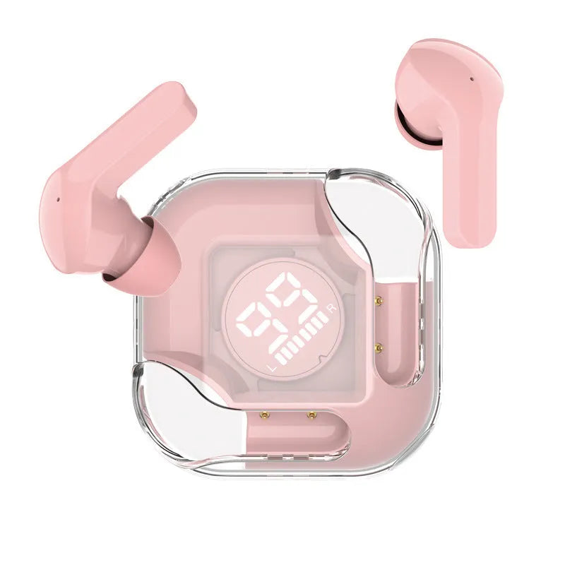 White Bluetooth wireless in-ear headphones on a solid colour background.