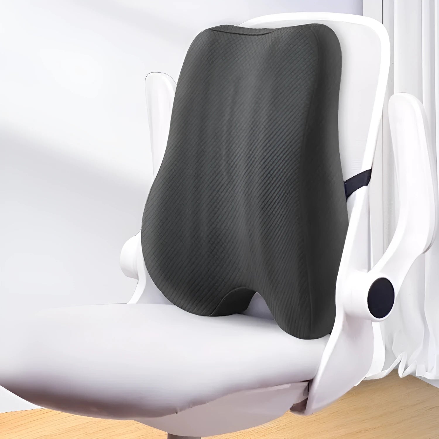Grey lumbar support cushion for office chair, dimensions 40x40x8 cm