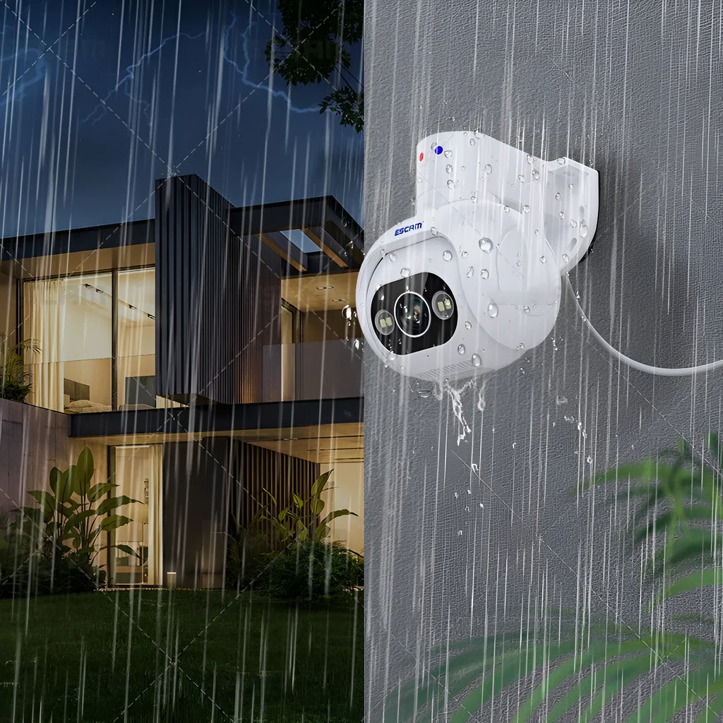 White plastic smart security camera with lens and wall mount bracket