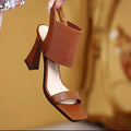 Women's high heel sandals with elastic straps in black, brown and milky white colours