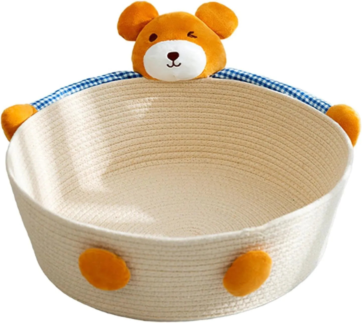 Woven cotton rope cat bed basket with integrated scratching pad in rabbit design