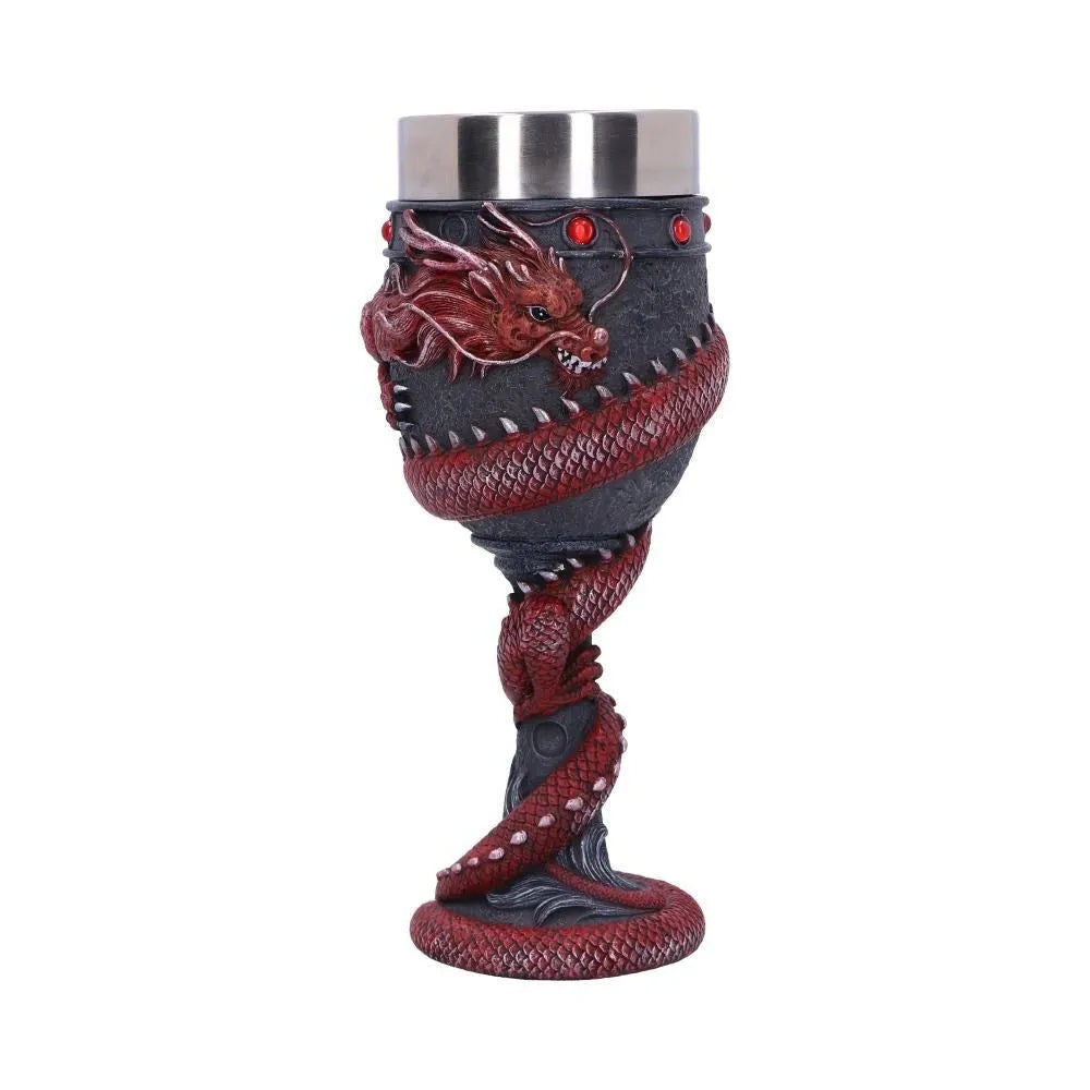 Red wine glass with Chinese dragon 3D art design and stainless steel stem