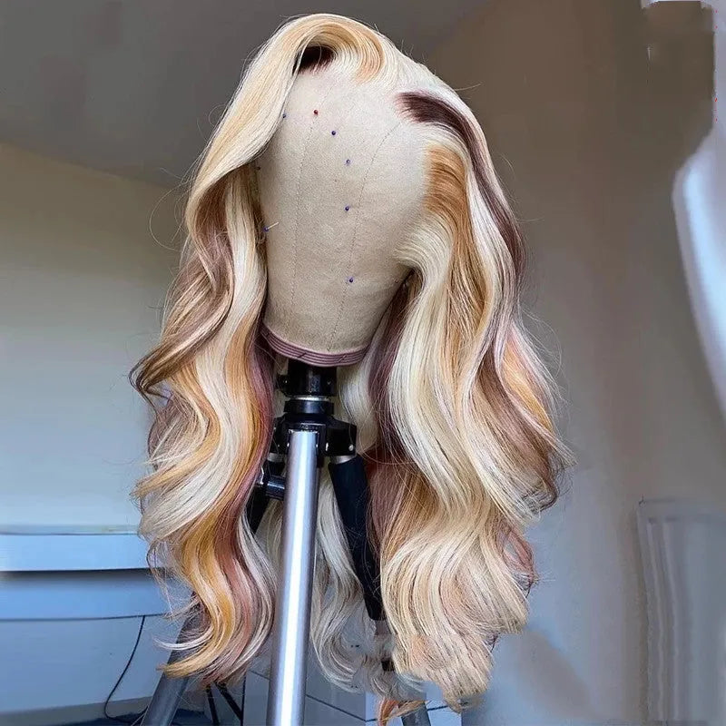 100% human hair body wave lace front wig with blonde highlights and 13X4 lace
