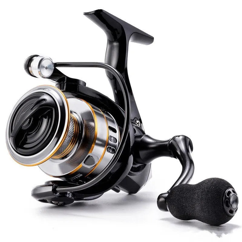 All-metal spinning fishing reel with EVA grip handle showing no-gap design for lure fishing
