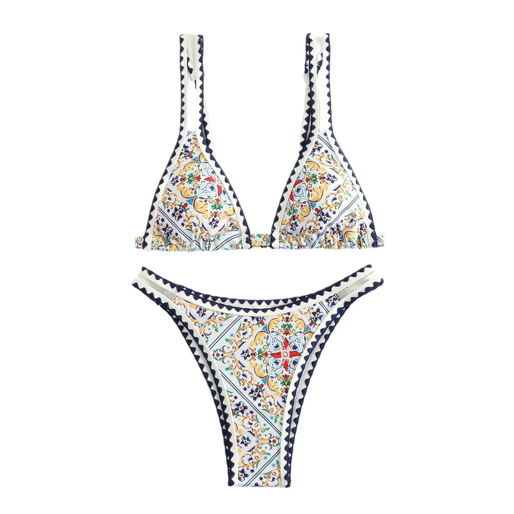 Women's floral printed bikini swimsuit with split design and briefs style