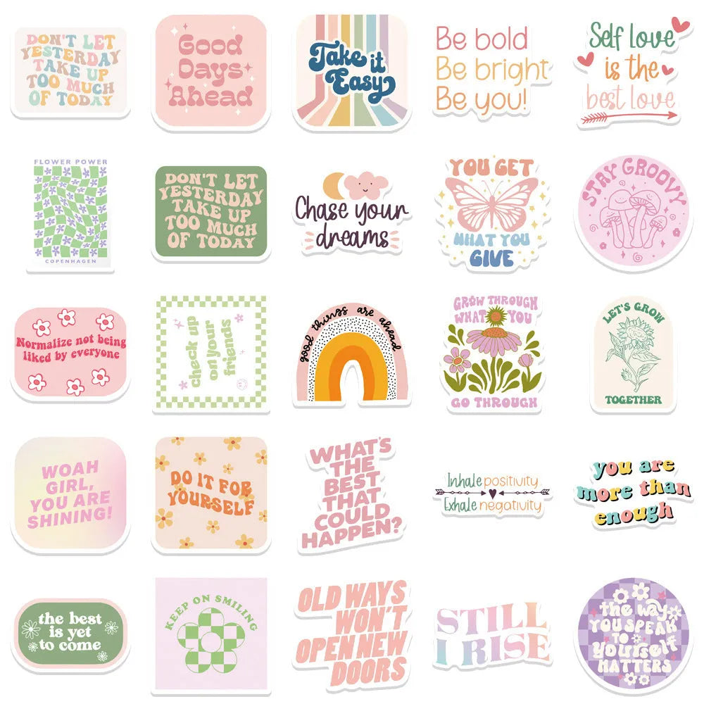 Danish pink motivational vinyl stickers with cartoon and graffiti designs, 4-6cm in size, for laptops and luggage.