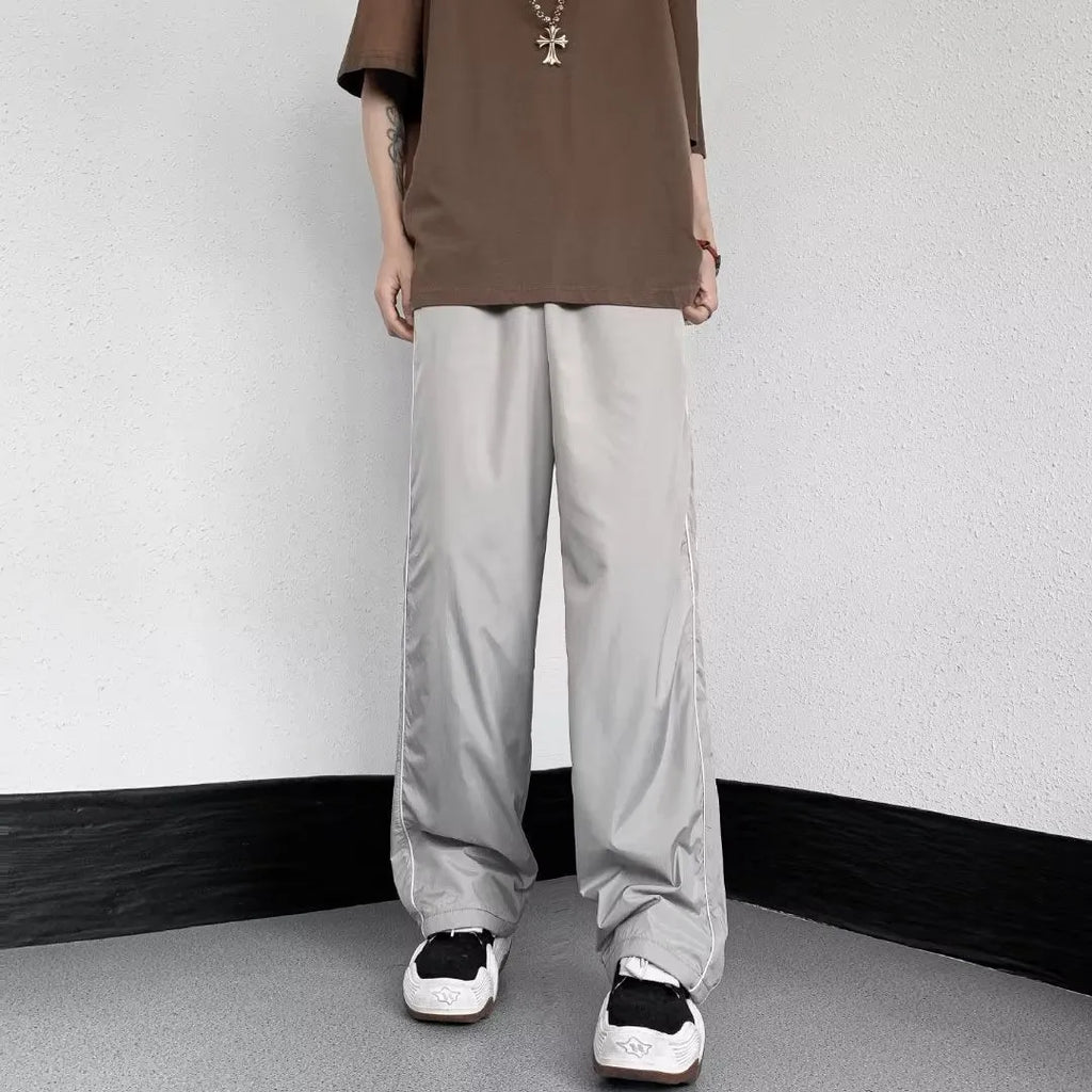 Men's ice silk wide leg striped casual pants in navy blue, mid waist, straight leg, summer loose trousers