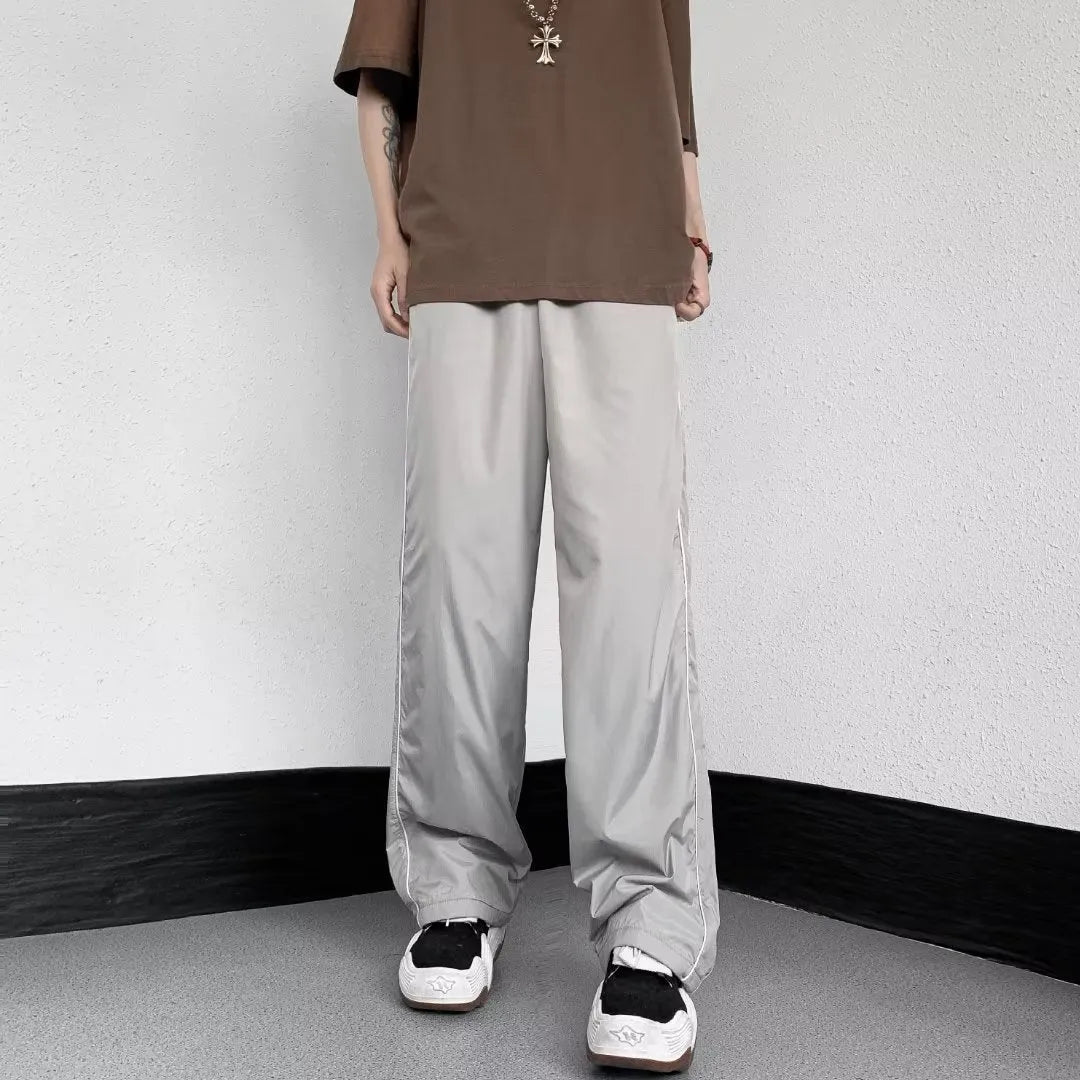 Men's ice silk wide leg striped casual pants in navy blue, mid waist, straight leg, summer loose trousers