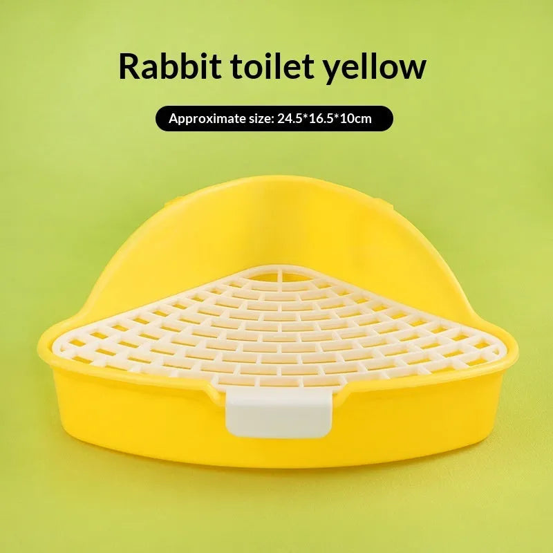 Triangular plastic pet toilet for rabbits, shown as a corner potty in blue, pink, white or yellow