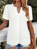 White women's loose fit T-shirt with a V-neck, short sleeves, and a hollow-out pattern detail.