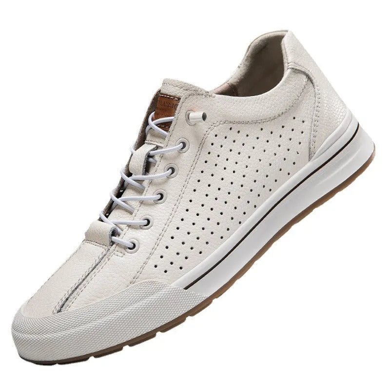Men's round-toe casual shoes in matte leather, showing flat heel and breathable design on a white background.
